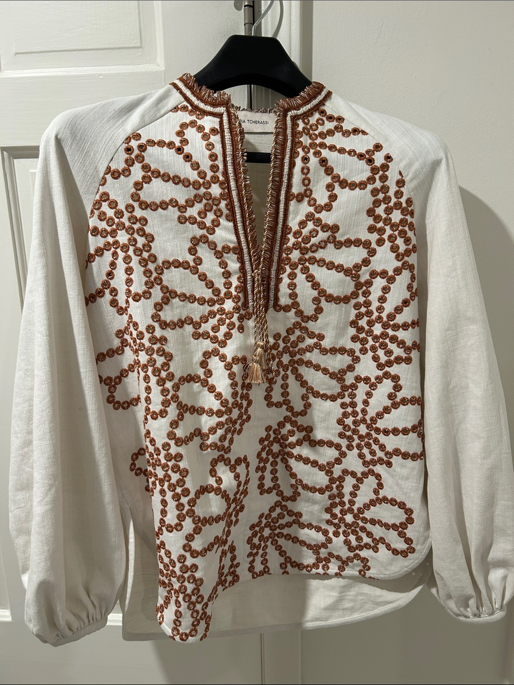 Silvia Tcherassi White Blouse with Copper Embroidered Trim